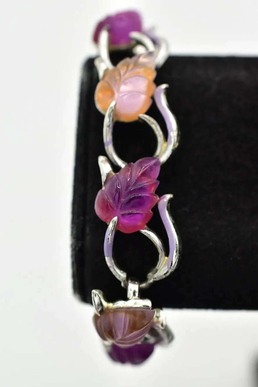 Star Vintage Choker Bracelet Purple Lucite Leaf Silver Chunky Signed 1940s BinAW